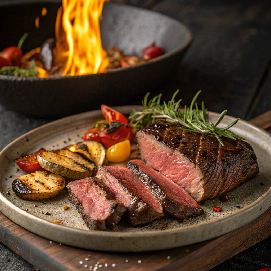 Perfectly cooked Bavette steak seared on a grill, sliced to reveal its juicy, tender interior, and served on a rustic plate with roasted vegetables and fresh herb garnish.