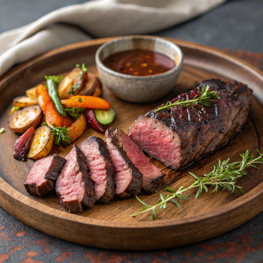 Perfectly seared hangar steak sliced thinly, showcasing its juicy, tender interior, served with roasted vegetables and fresh herb garnish
