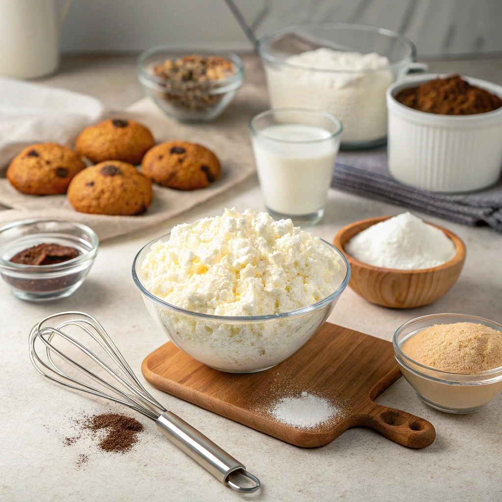 A kitchen counter with cottage cheese, baking ingredients, and a mixing bowl, showing how to incorporate cottage cheese into a batter.