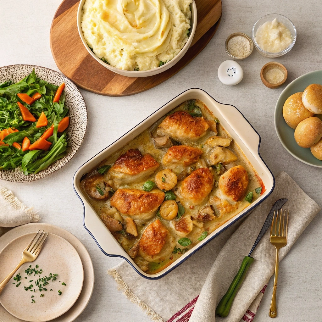 A hearty chicken casserole served with side dishes including mashed potatoes, roasted vegetables, green salad, and dinner rolls on a beautifully styled table
What to serve with chicken casserole?