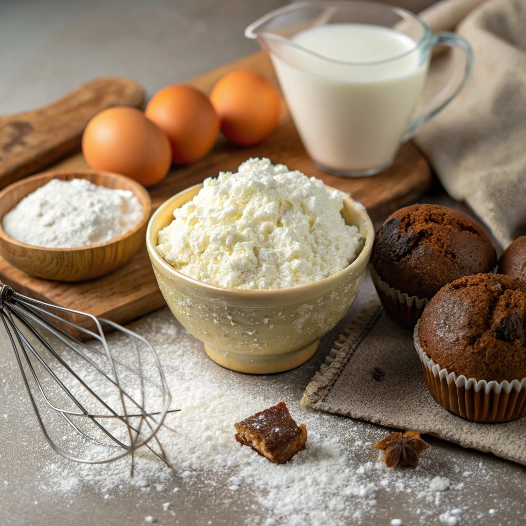 "Baking setup featuring cottage cheese, flour, sugar, and a whisk, with freshly baked treats in the background highlighting the results.