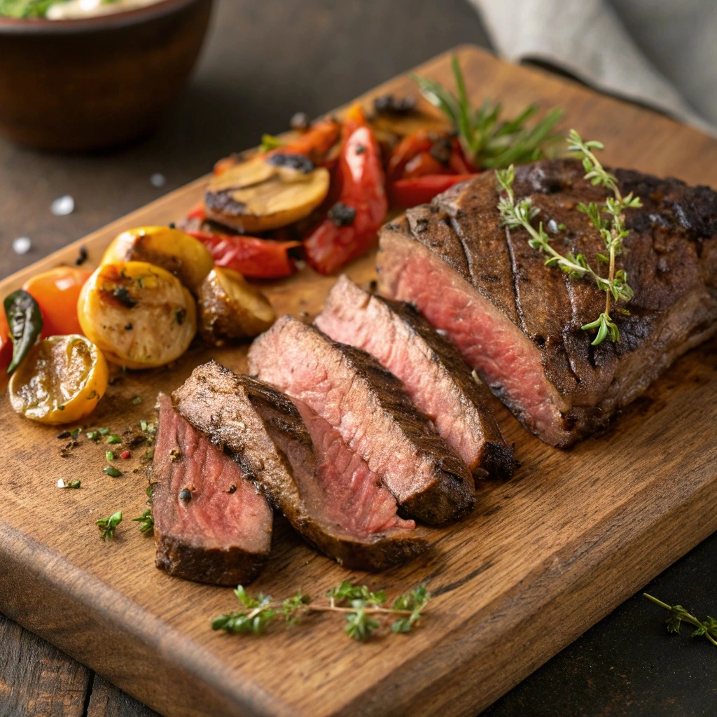 Perfectly cooked Bavette steak sliced against the grain to show its tender texture, served with roasted vegetables and garnished with fresh herbs.
Is bavette steak chewy?