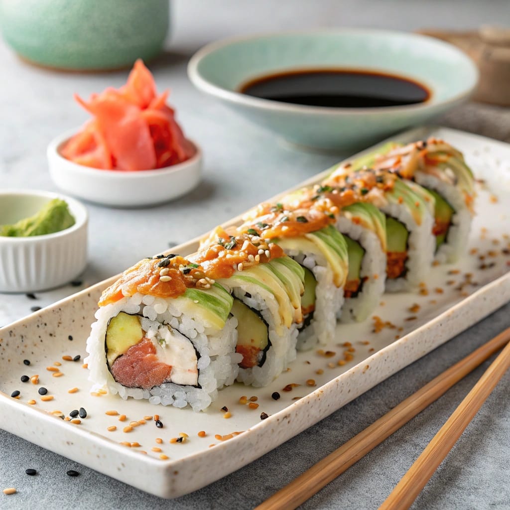 Alaskan Roll filled with fresh salmon, avocado, and cucumber, topped with spicy mayo and sesame seeds, served with soy sauce and pickled ginger.
What is an Alaskan roll made of?