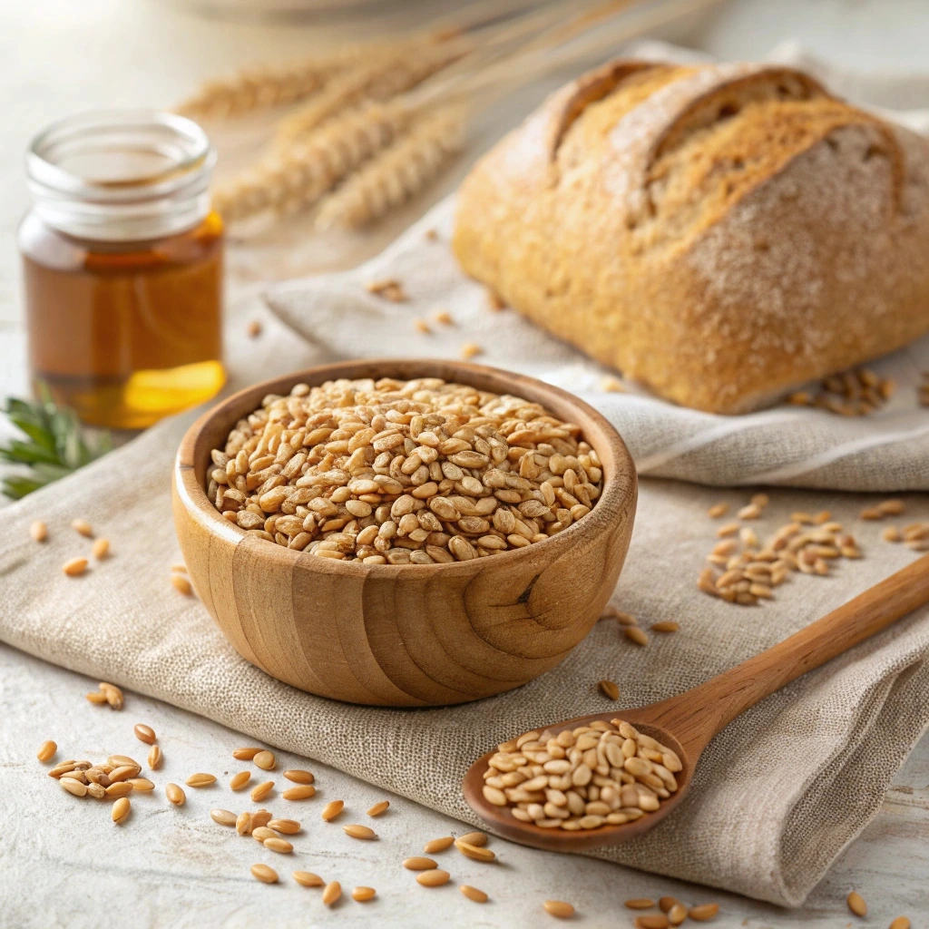 A rustic wooden bowl filled with raw wheat berries, surrounded by scattered grains on a linen cloth, with a loaf of bread in the background.