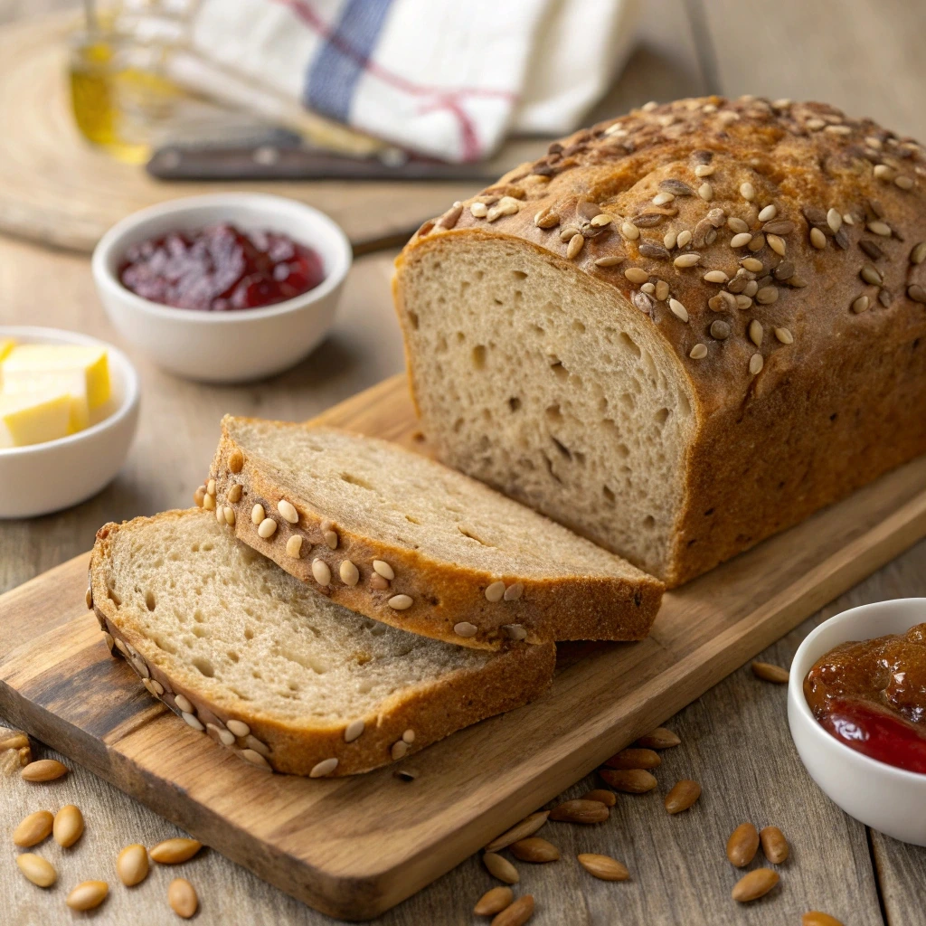 Sliced wheatberry bread on a wooden board, showcasing its dense texture, golden crust, and embedded whole wheatberries