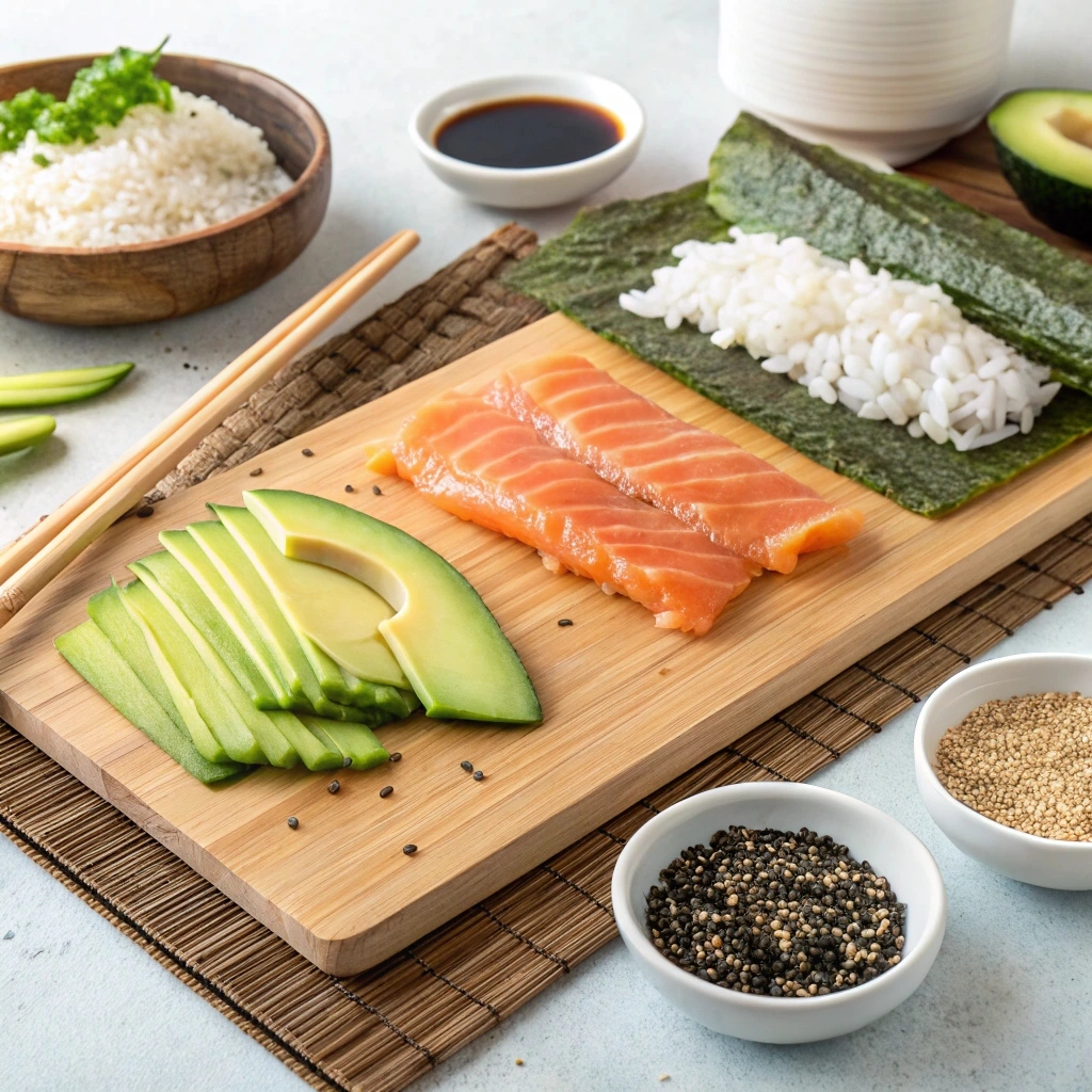 Key ingredients of an Alaskan Roll, including fresh salmon, avocado, cucumber, and sushi rice, displayed with nori and a bamboo rolling mat.
What is the history of the Alaska roll?