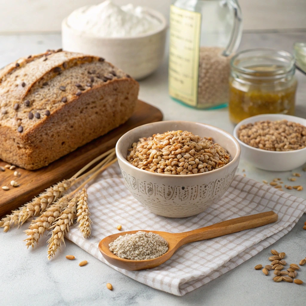 A loaf of freshly baked bread with visible wheat berries, surrounded by raw wheat berries, flour, and honey on a rustic kitchen counter.