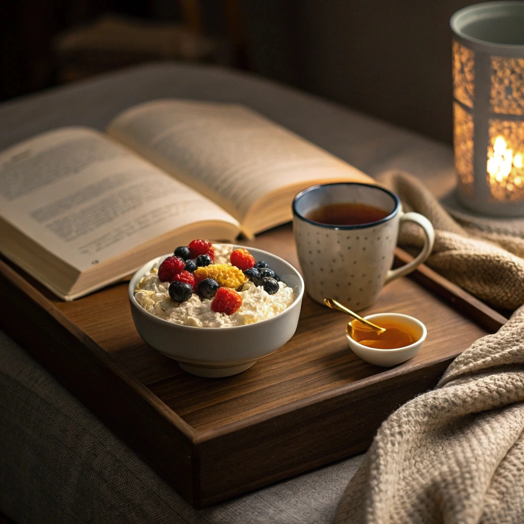 A bowl of cottage cheese with fresh fruit, nuts, and honey on a wooden tray, set in a cozy evening setting with a blanket and lit candle.