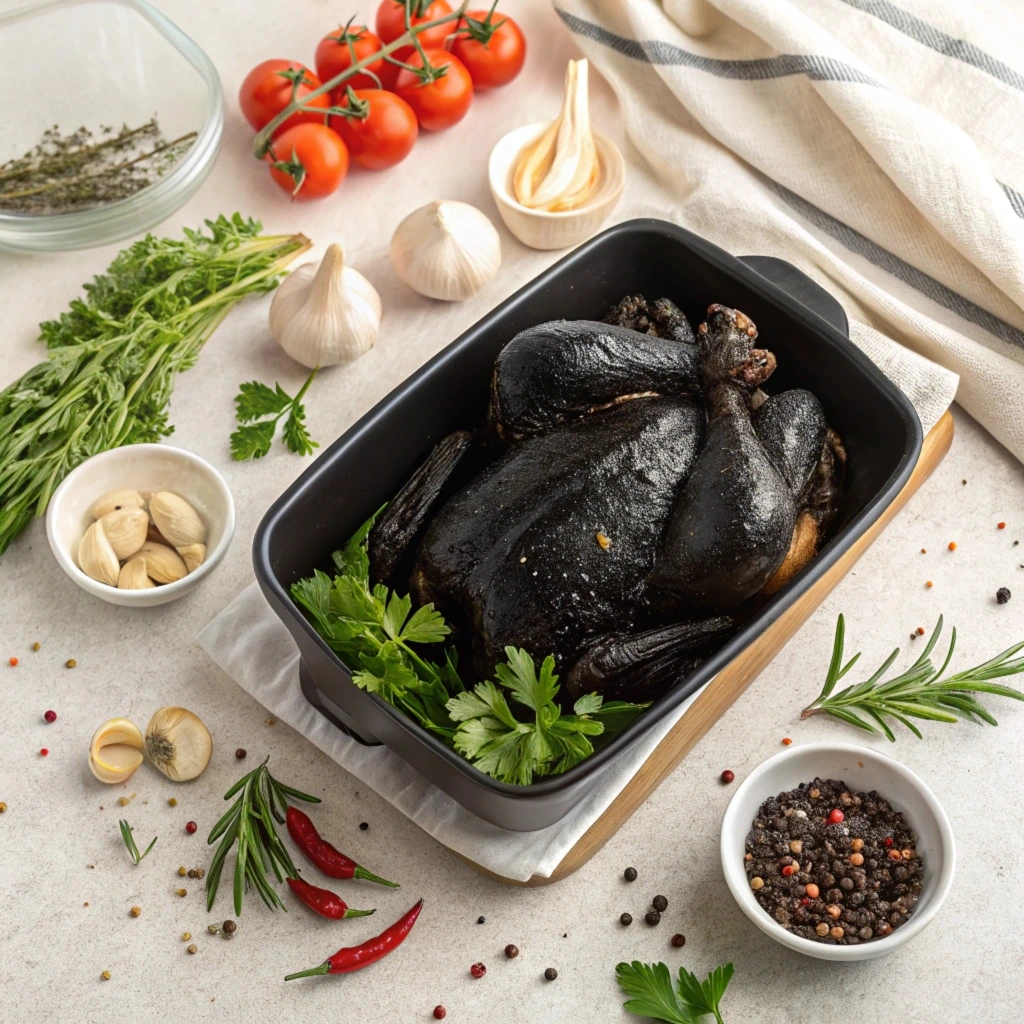 Black chicken soup in a ceramic bowl