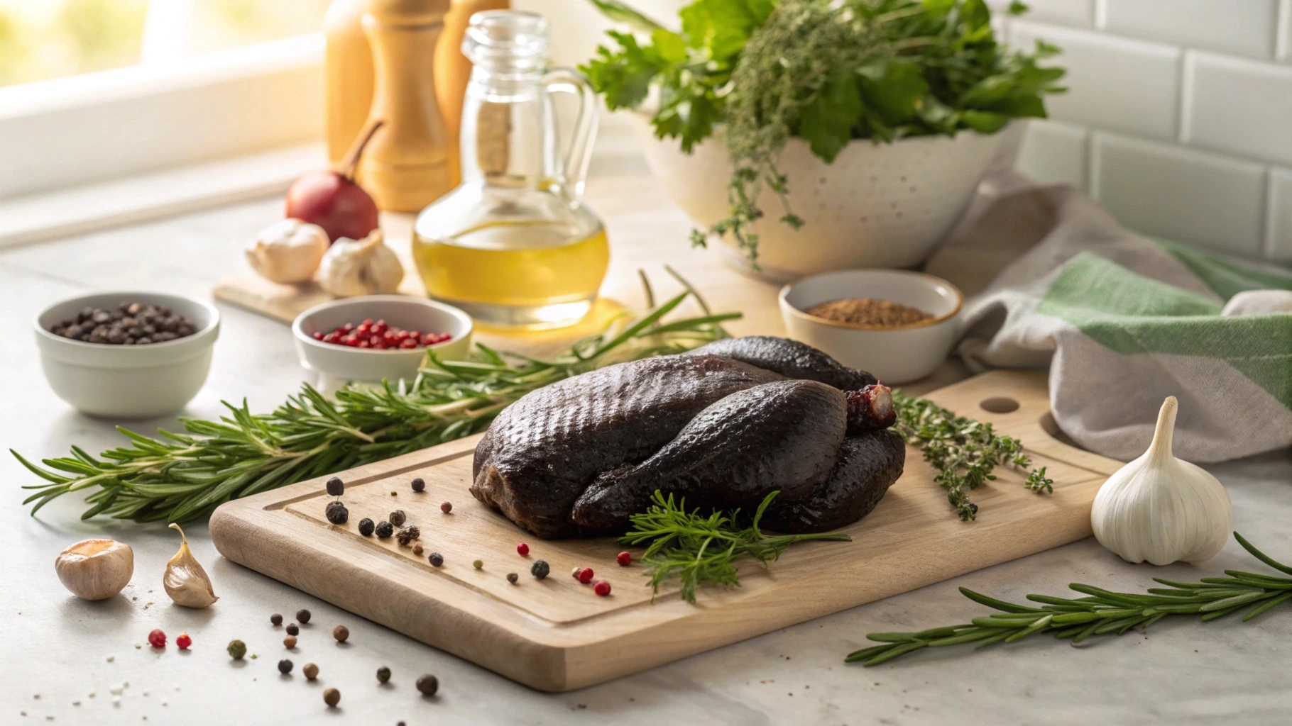 Raw black chicken meat displayed on a cutting board