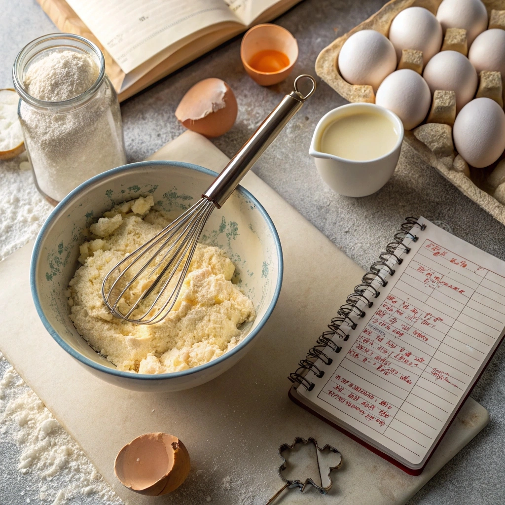 Baking setup featuring well-textured cookie dough, measuring cups, and a notepad with tips to prevent runny dough, creating a warm and organized scene
Why Is My Cookie Dough Runny?