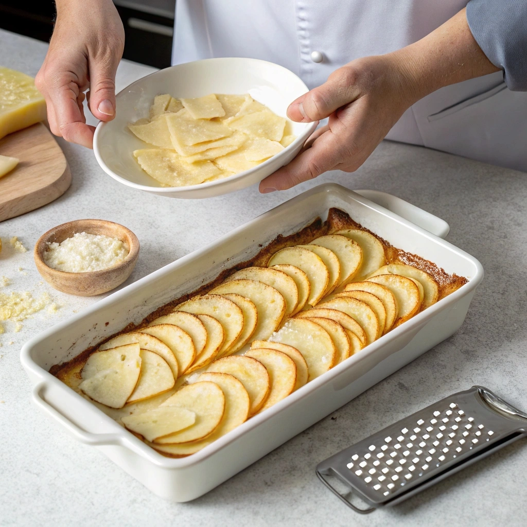 Thinly sliced potatoes being layered in a baking dish to create a Pavé, with cream, cheese, and a grater nearby for preparation.
What does pavé mean in cooking