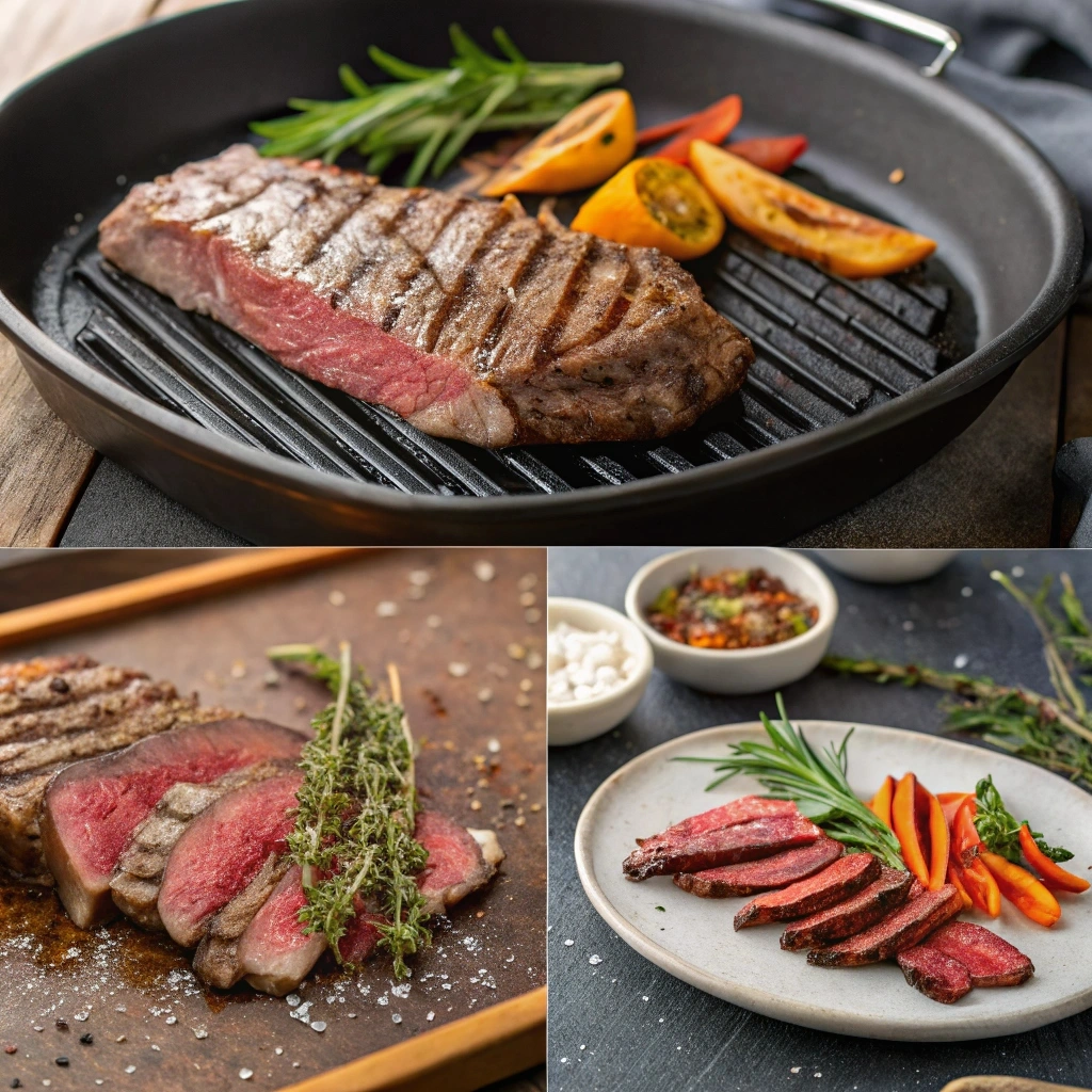 Step-by-step preparation of Bavette steak, starting with seasoning the raw steak, grilling to perfection with sear marks, and serving thinly sliced with fresh herbs, roasted vegetables, and a rich sauce."