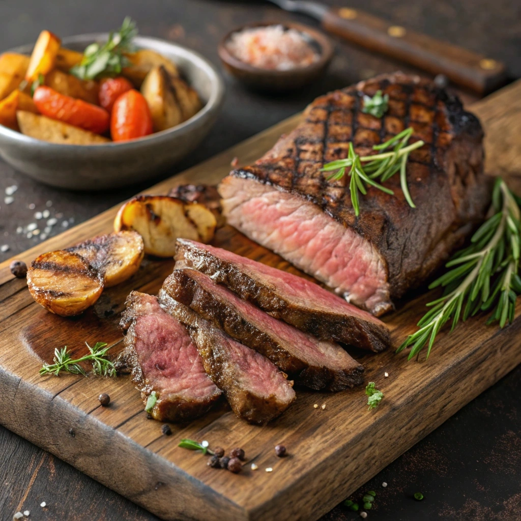 Juicy Bavette steak grilled to perfection, sliced thinly and served with roasted vegetables and a sprinkle of fresh herbs for a flavorful presentation