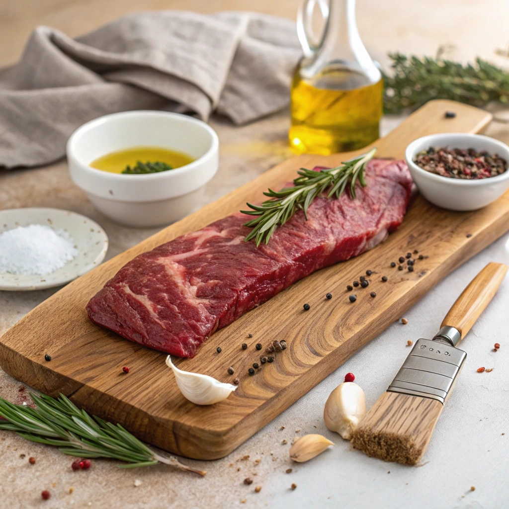 Raw hanger steak on a wooden board with marinade ingredients including olive oil, garlic, herbs, and spices, ready for preparation
Does hanger steak need to be marinated