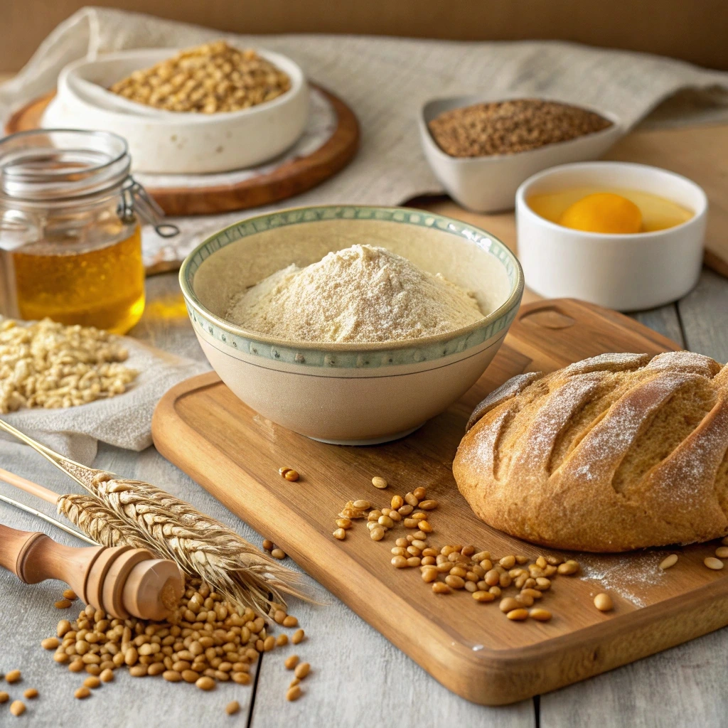 Close-up of bread incorporating wheat berries, with baking ingredients like a wooden spoon and measuring cups in a warm, inviting kitchen setting.