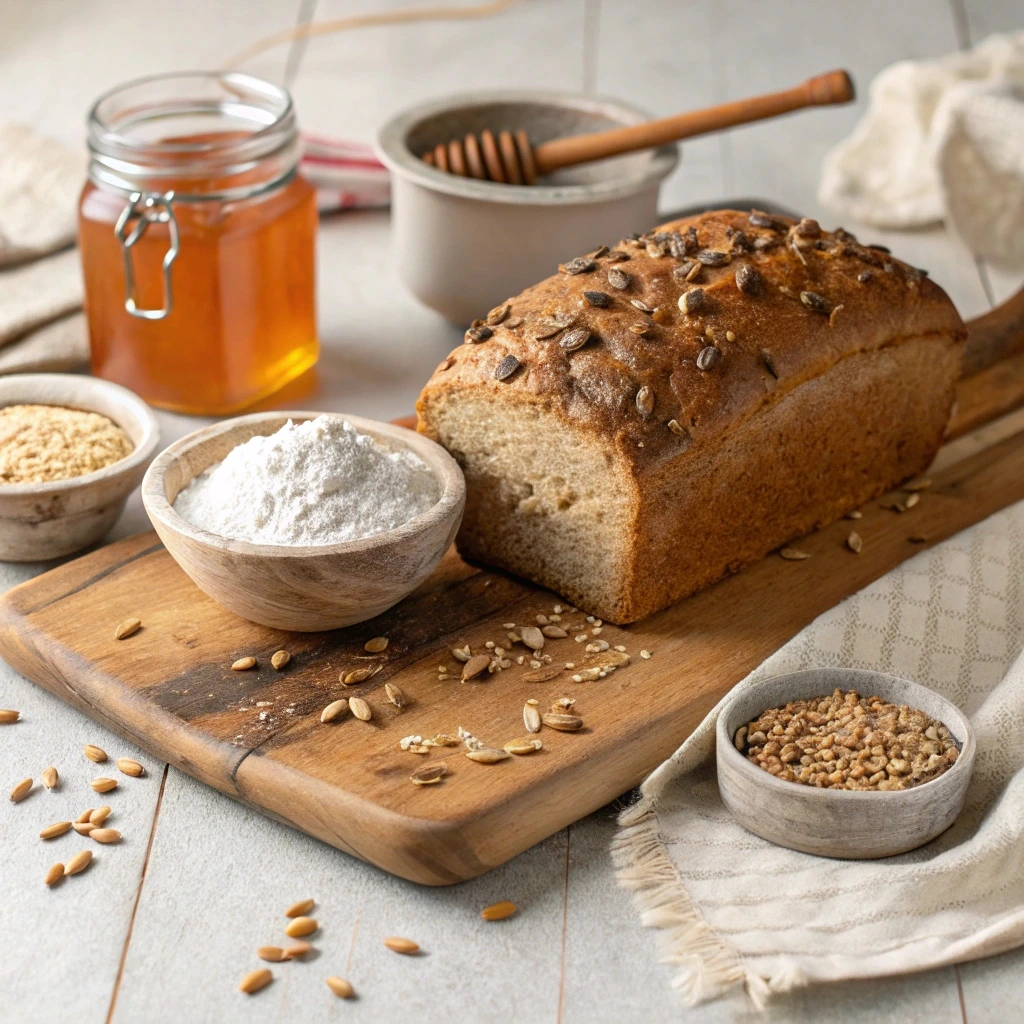 Close-up of wheatberry bread slices with a rustic backdrop, accompanied by honey, butter, and jam, highlighting its nutty and hearty flavor.