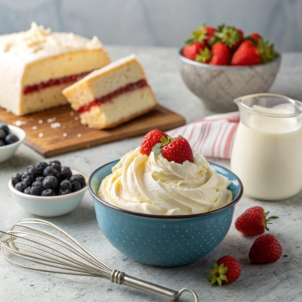 A bowl of rich double cream surrounded by baking essentials like fresh berries, a whisk, and milk, highlighting its creamy texture and versatility.