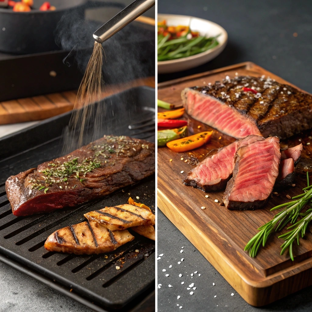 Step-by-step process of cooking Bavette steak, from seasoning and grilling to slicing and serving with roasted vegetables and fresh herbs.