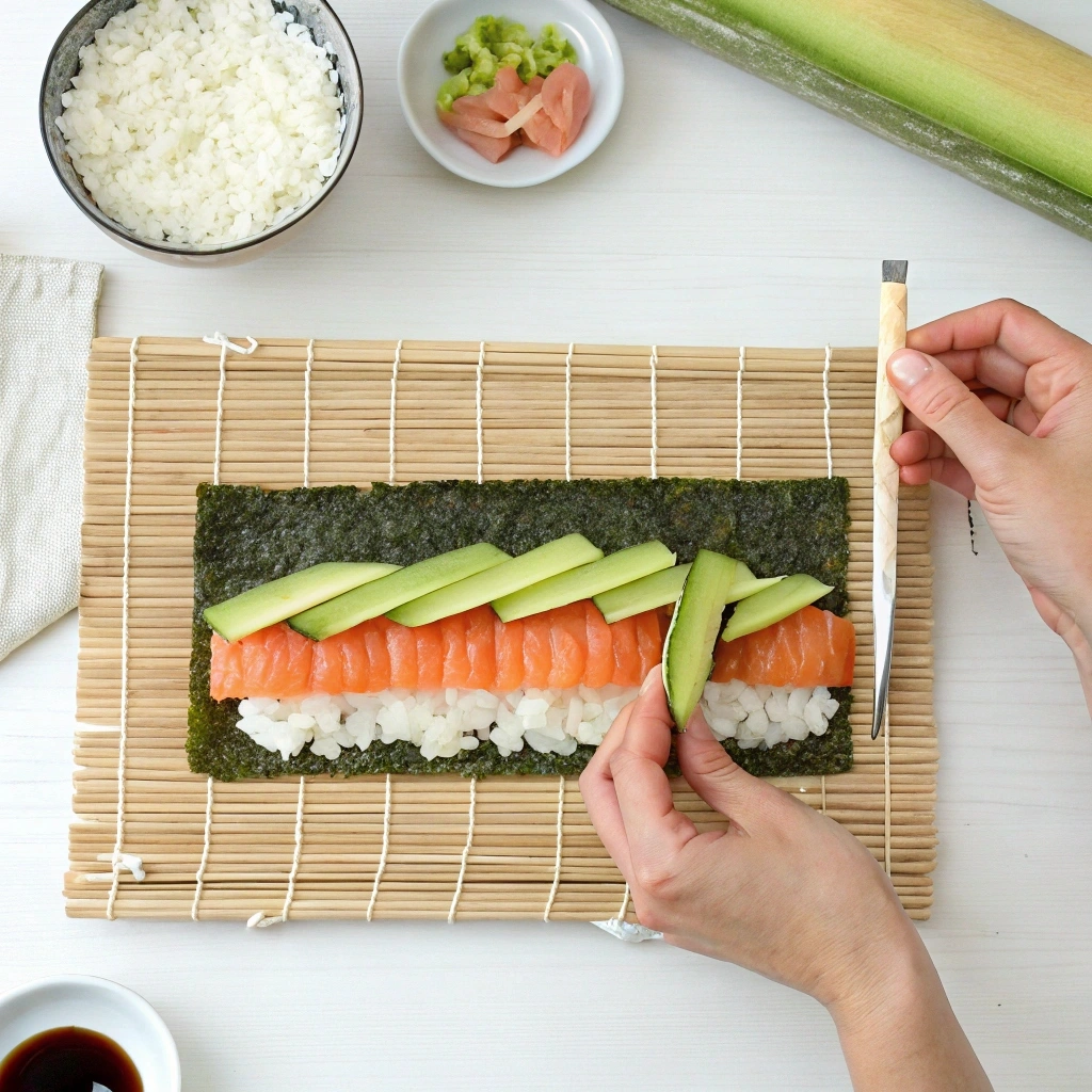 Step-by-step process of making an Alaskan Roll with nori, sushi rice, salmon, avocado, and cucumber, rolled tightly on a bamboo mat.
What is an Alaskan roll made of?