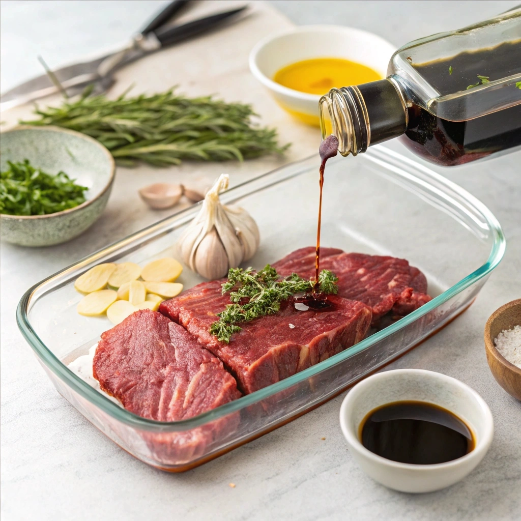 Raw hanger steak in a glass dish being marinated with olive oil, garlic, soy sauce, and fresh herbs, surrounded by marinade ingredients