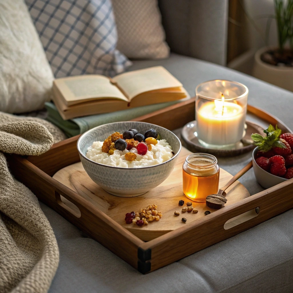 Evening snack of cottage cheese served with fruits and nuts, surrounded by a calming ambiance of a book, candle, and soft lighting