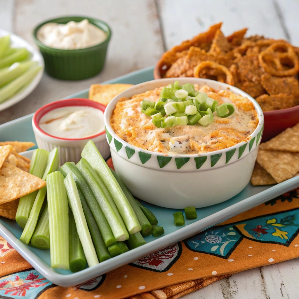 Frank's Buffalo Chicken Dip topped with melted cheese, green onions, and ranch drizzle, served with celery, tortilla chips, and pretzels on a colorful tray.