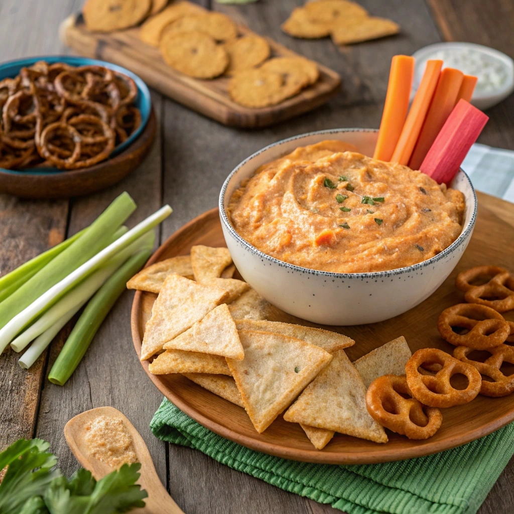 Creamy Buffalo Chicken Dip served with tortilla chips, celery sticks, carrot sticks, pretzels, and toasted baguette slices on a rustic wooden table
What to Eat Buffalo Chicken Dip With?