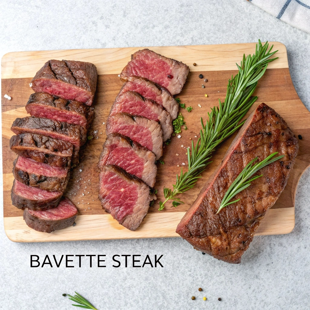 Perfectly cooked Bavette steak, grilled with char marks, sliced thinly, and served on a wooden board with roasted vegetables and fresh herb garnish.