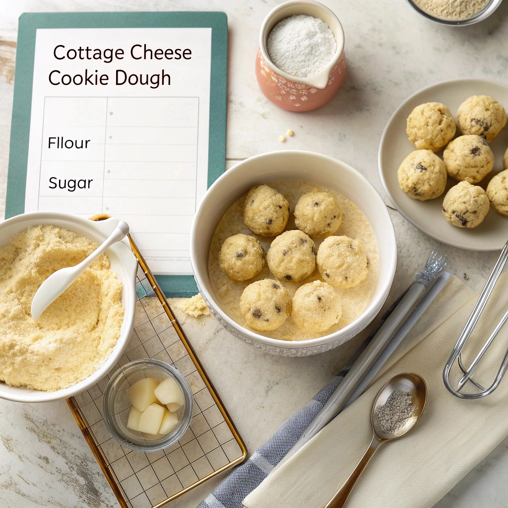 A bowl of perfectly mixed cottage cheese cookie dough surrounded by measured ingredients, a checklist of tips, and a tray of prepared cookie dough balls.
Why Is My Cookie Dough Runny?