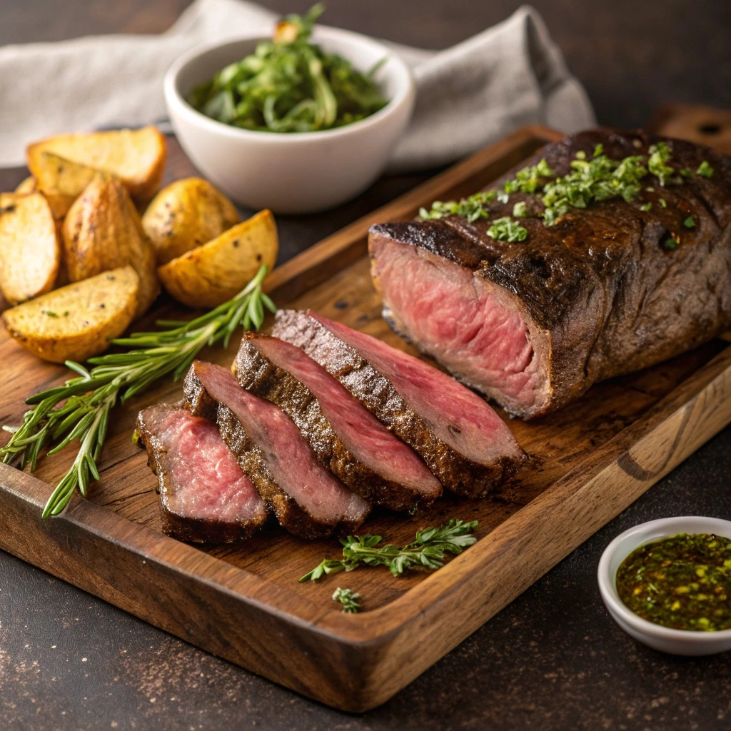 Perfectly cooked Bavette steak sliced to show its tender, juicy interior, accompanied by roasted potatoes, fresh herbs, and chimichurri sauce on a rustic wooden board