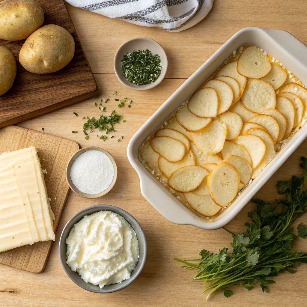 Common ingredients for Pavé, including sliced potatoes, heavy cream, butter, grated cheese, and fresh herbs, arranged on a wooden countertop
What is pavé made of