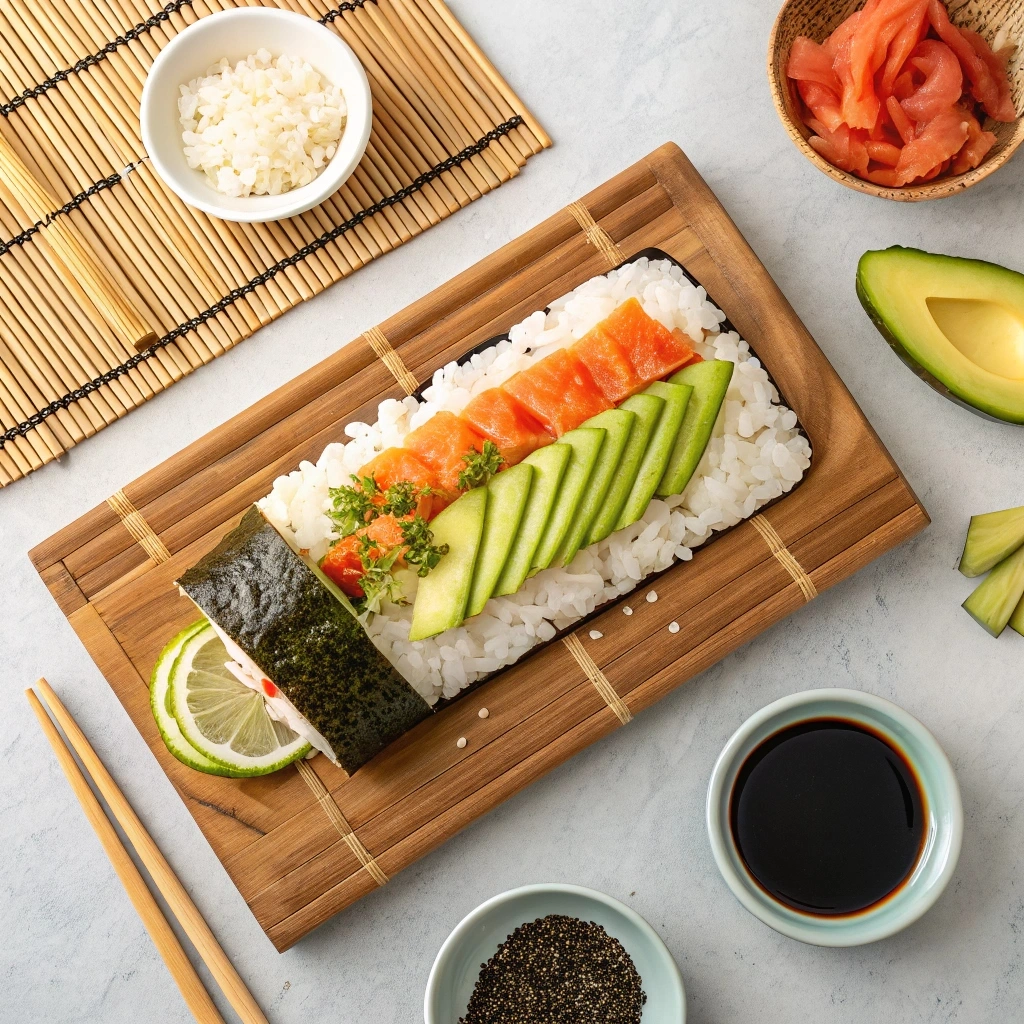 Fresh ingredients for an Alaskan Roll, including salmon, avocado, cucumber, and sushi rice, arranged with nori and a bamboo mat for preparation."
Is the Alaskan roll good?