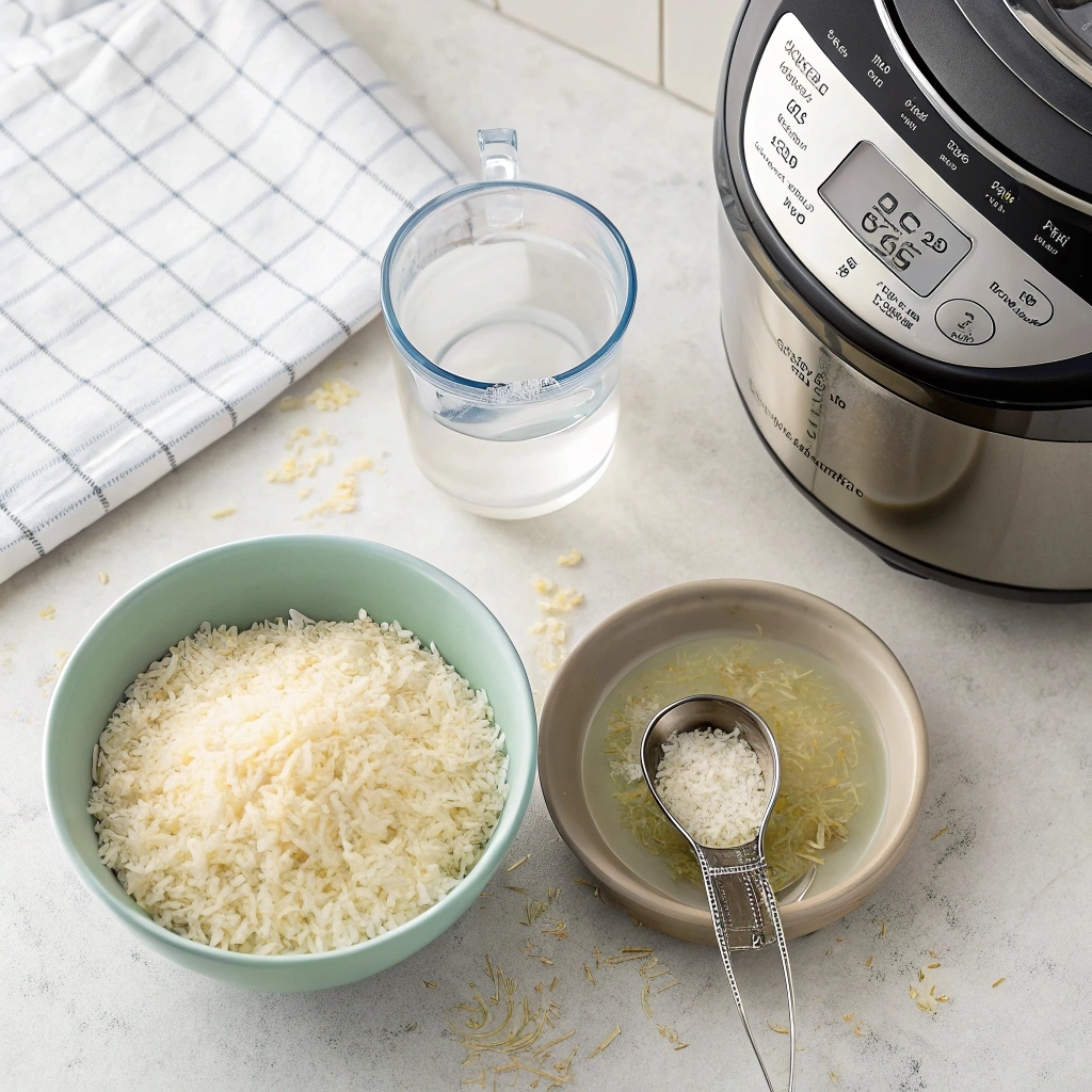 Overhead view of basmati rice and water measured for cooking, with a bowl of rice, a measuring cup, and an Instant Pot on a kitchen counter.
What is the ratio of basmati rice to water?