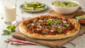 Birria Pizza served with melted cheese, fresh cilantro, and consommé dipping sauce.