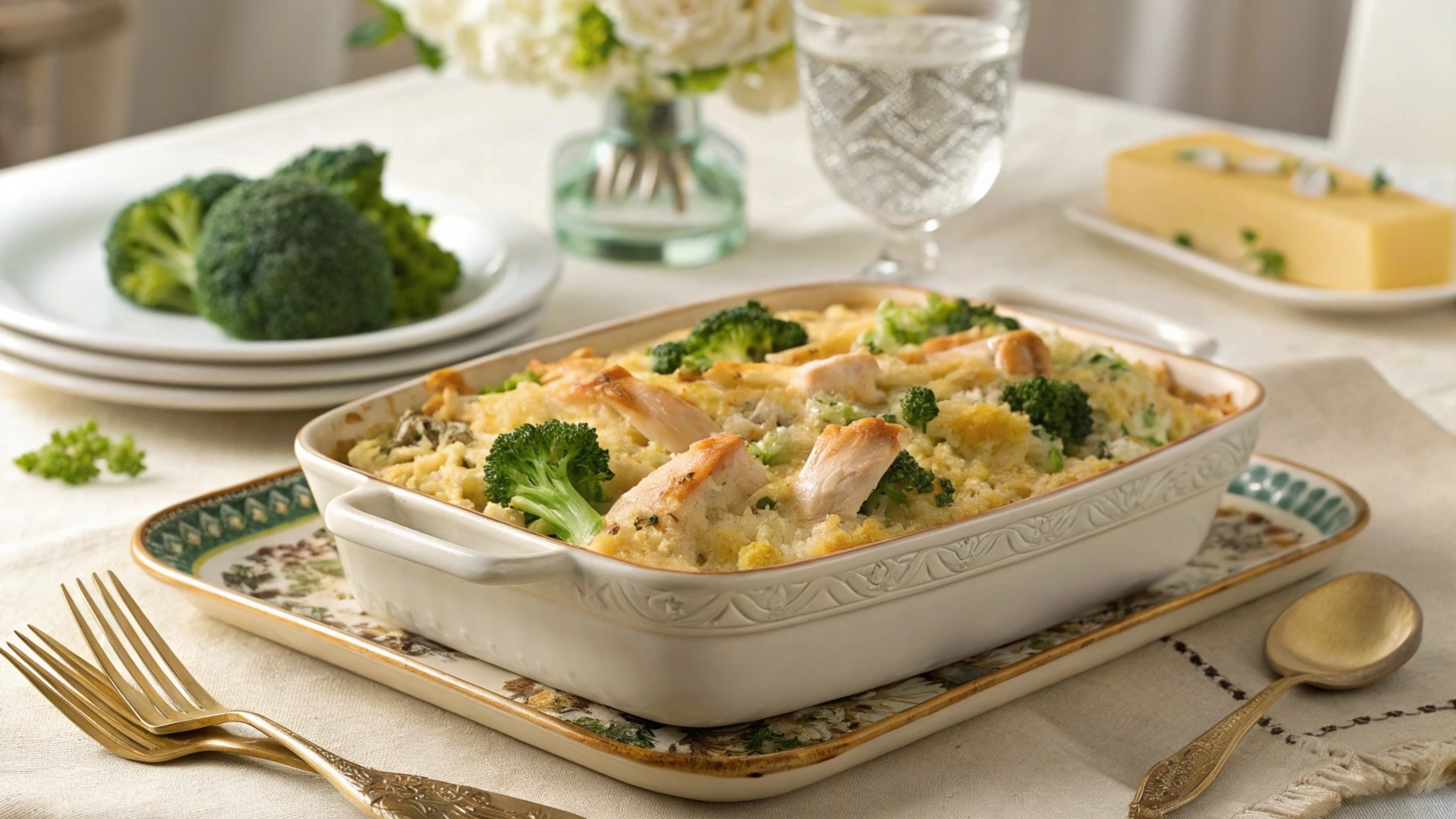 A casserole dish filled with healthy chicken broccoli rice casserole, topped with melted cheese, showcasing a golden and bubbly finish