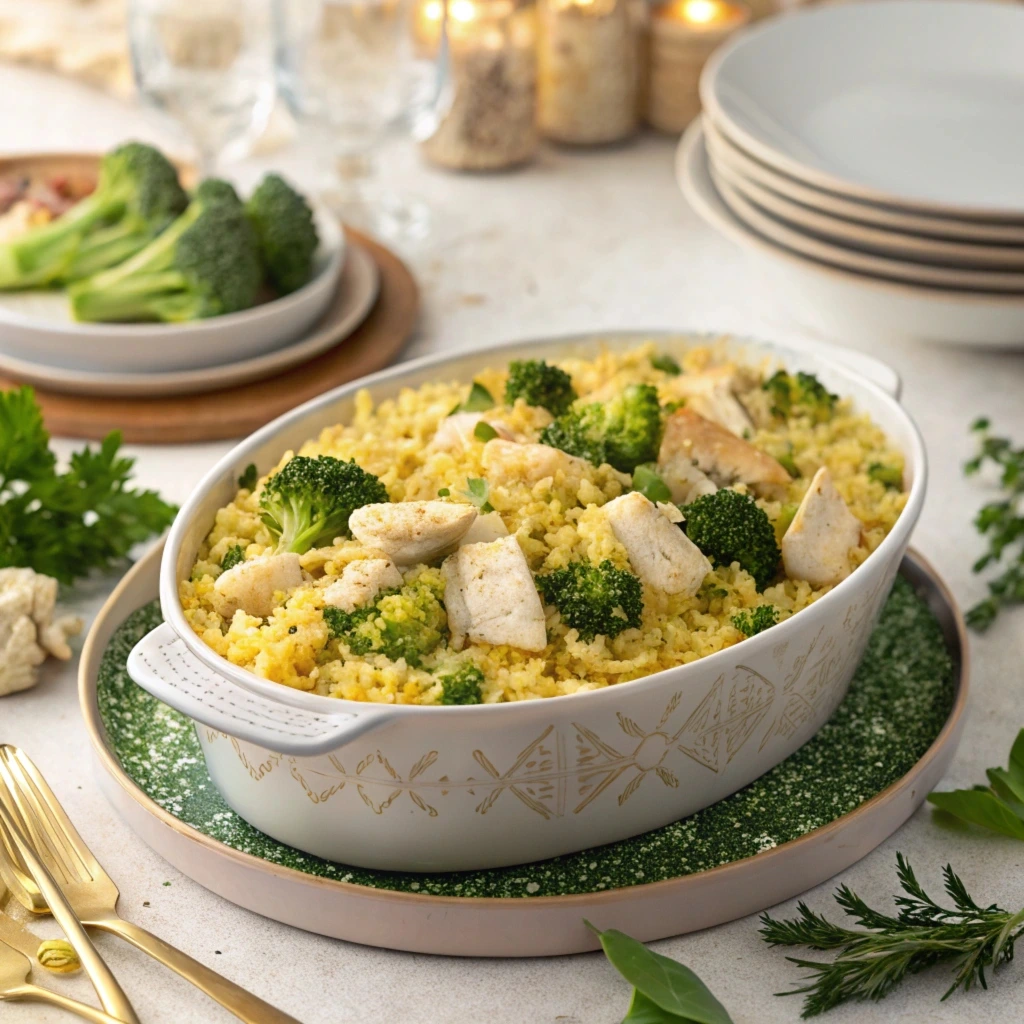 A casserole dish filled with healthy chicken broccoli rice casserole, topped with melted cheese, showcasing a golden and bubbly finish.