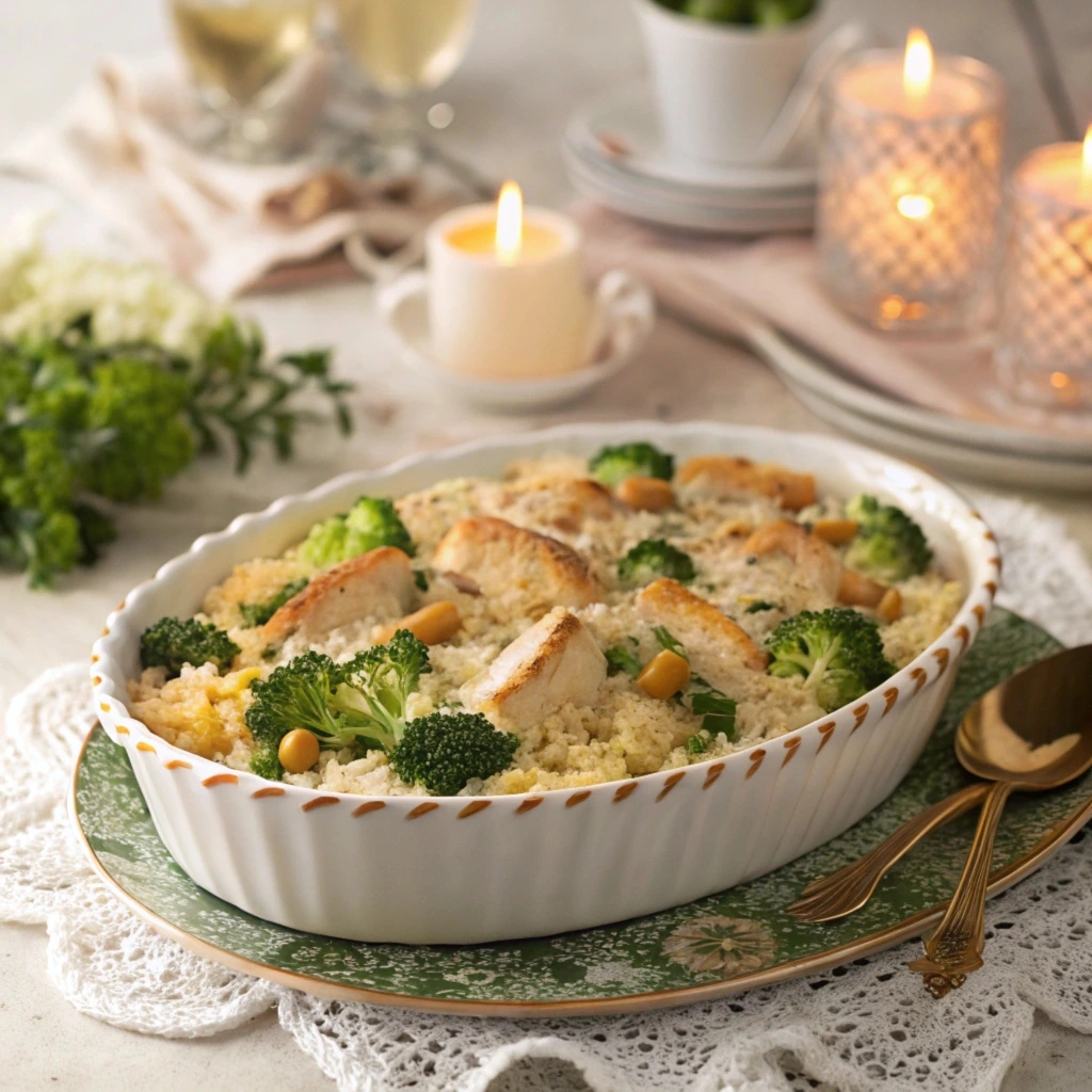 A casserole dish filled with healthy chicken broccoli rice casserole, topped with melted cheese, showcasing a golden and bubbly finish.