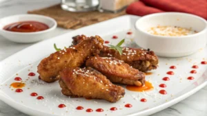 A plate of perfectly crispy chicken wings served with dipping sauces and celery sticks