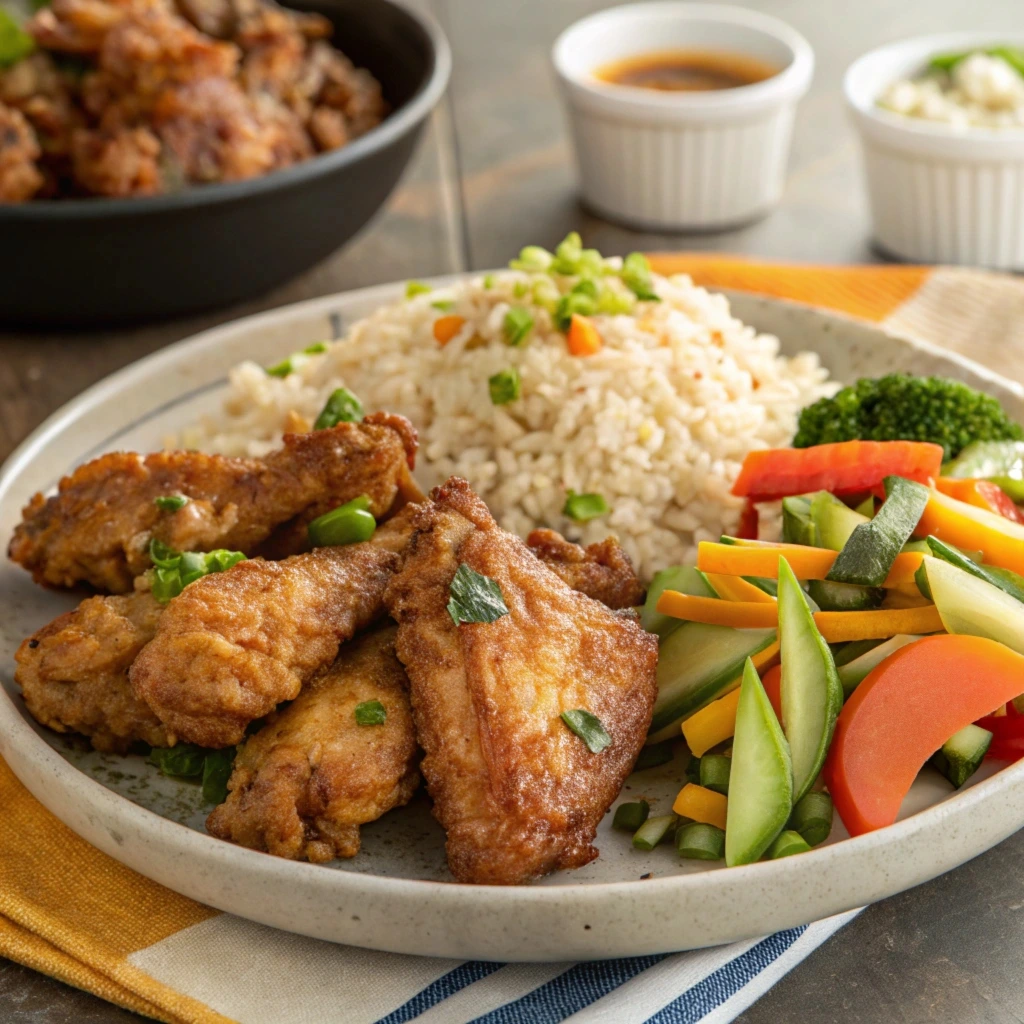 A plate of perfectly crispy chicken wings served with dipping sauces and celery sticks