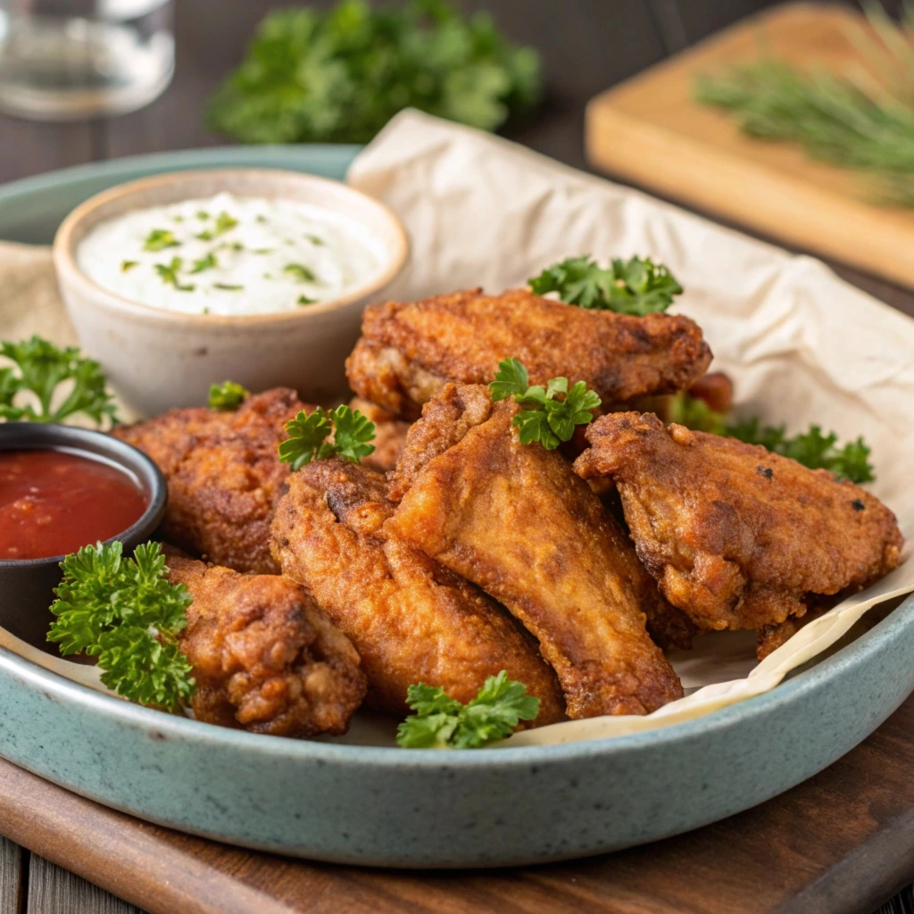 A plate of perfectly crispy chicken wings served with dipping sauces and celery sticks