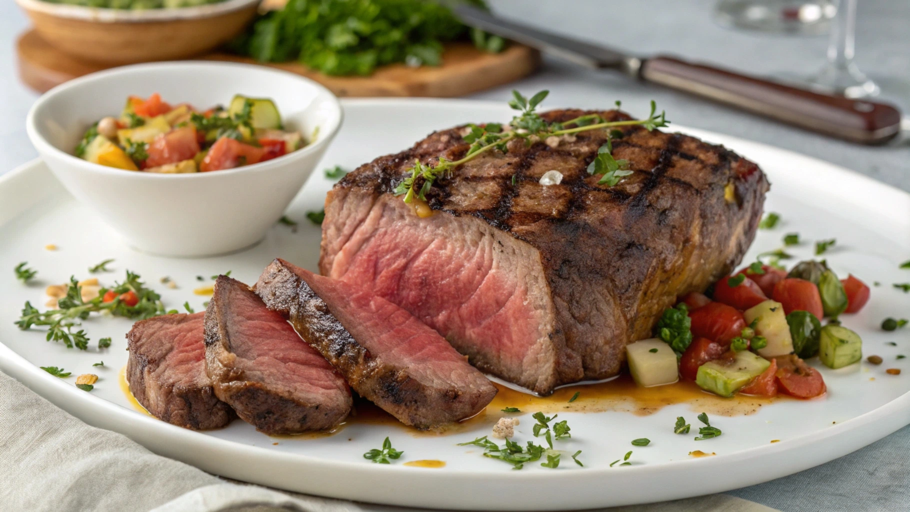 Grilled Chuck Eye Steak served with garlic mashed potatoes and asparagus