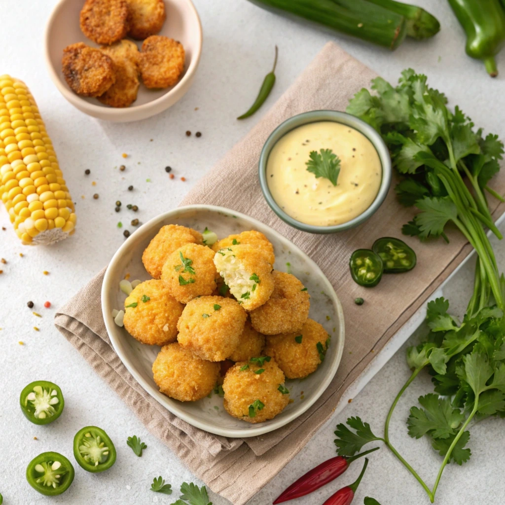 Crispy corn nuggets served with dipping sauces on a plate