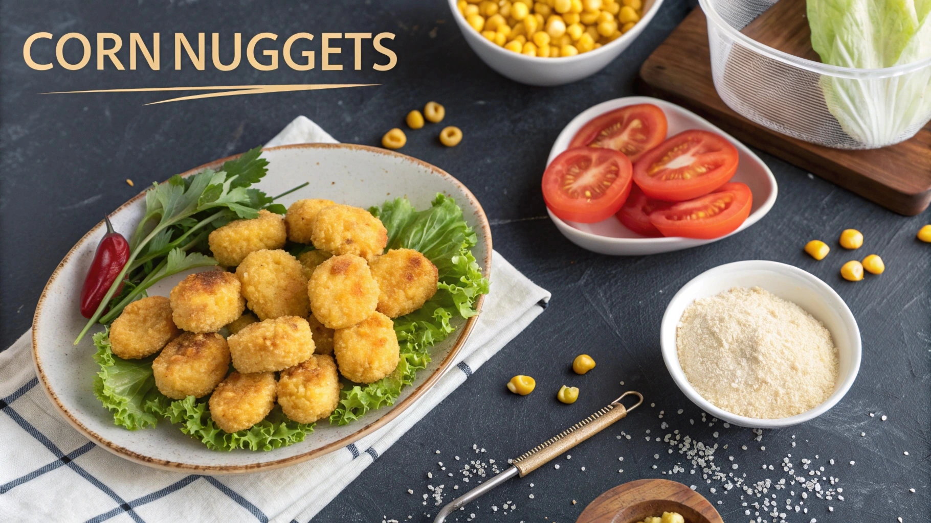 Crispy corn nuggets served with dipping sauces on a plate