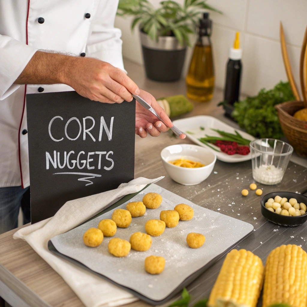 Crispy corn nuggets served with dipping sauces on a plate