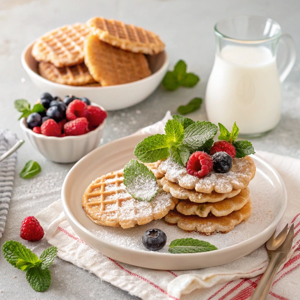 Wafer cookies served with a steaming cup of coffee