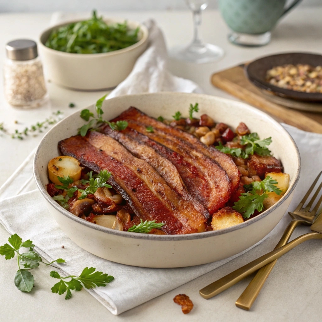 Crispy and flavorful beef bacon strips freshly cooked in a frying pan.