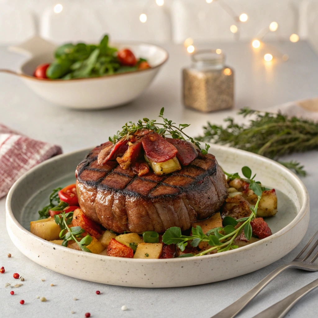 Golden brown beef bacon strips sizzling on a stovetop skillet