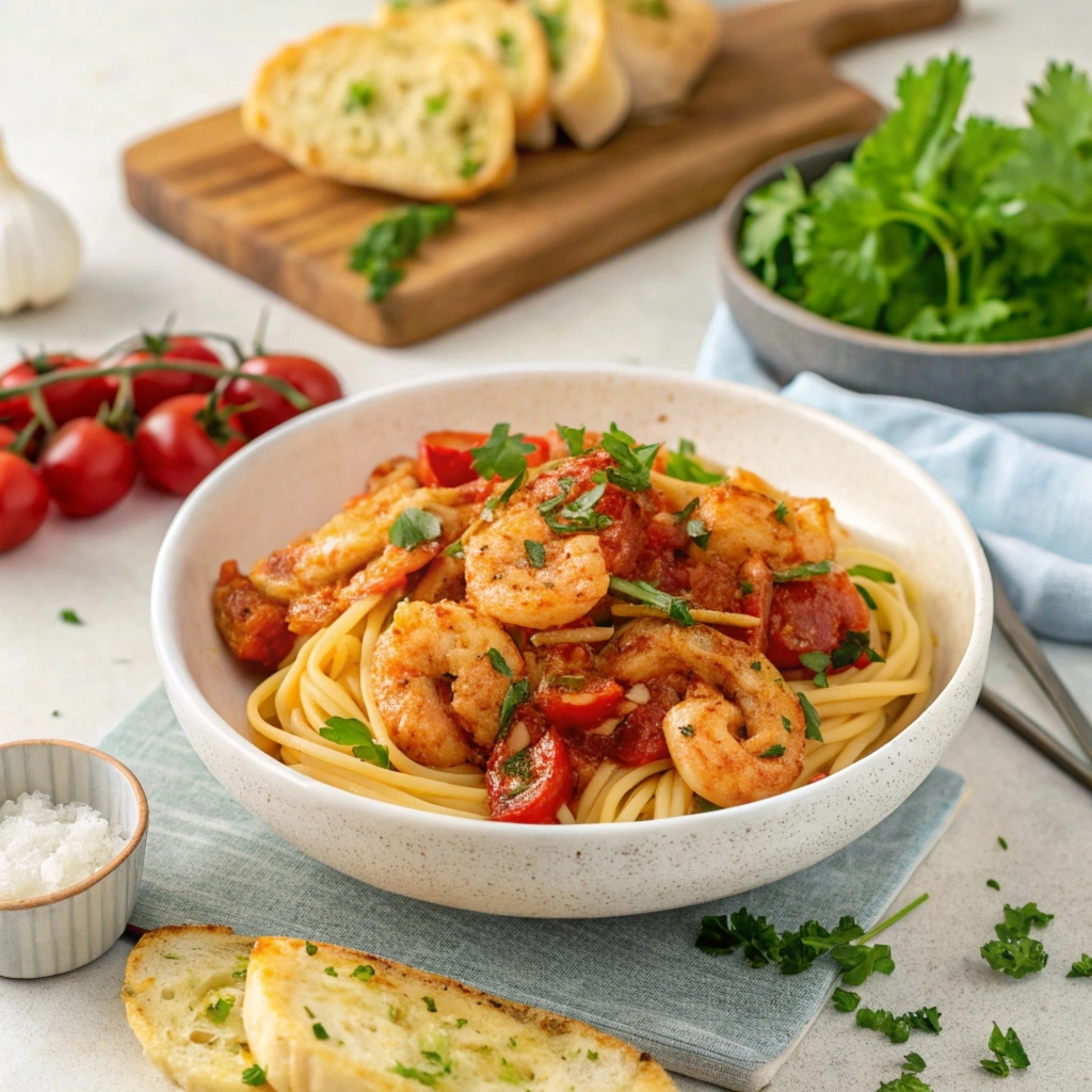 Bowl of Cajun shrimp pasta with creamy sauce, shrimp, and fresh parsley garnish.