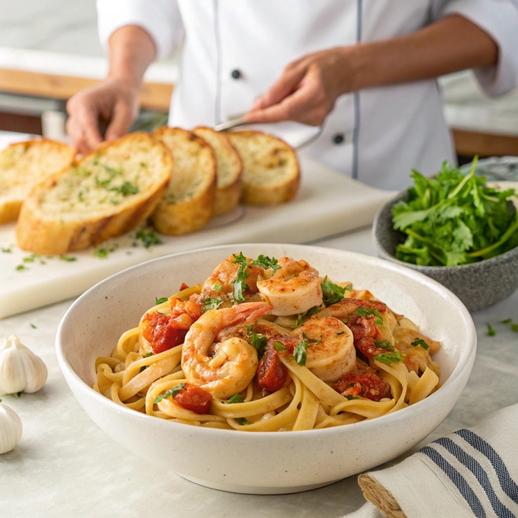 Delicious Cajun shrimp pasta served with vibrant bell peppers and Parmesan cheese.